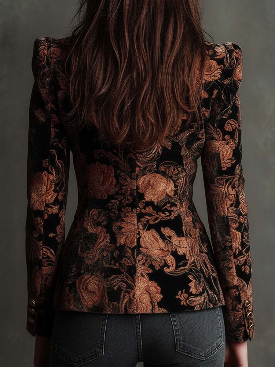 Bertille | Blazer Ajustado con Estampado Floral en Negro y Bronce