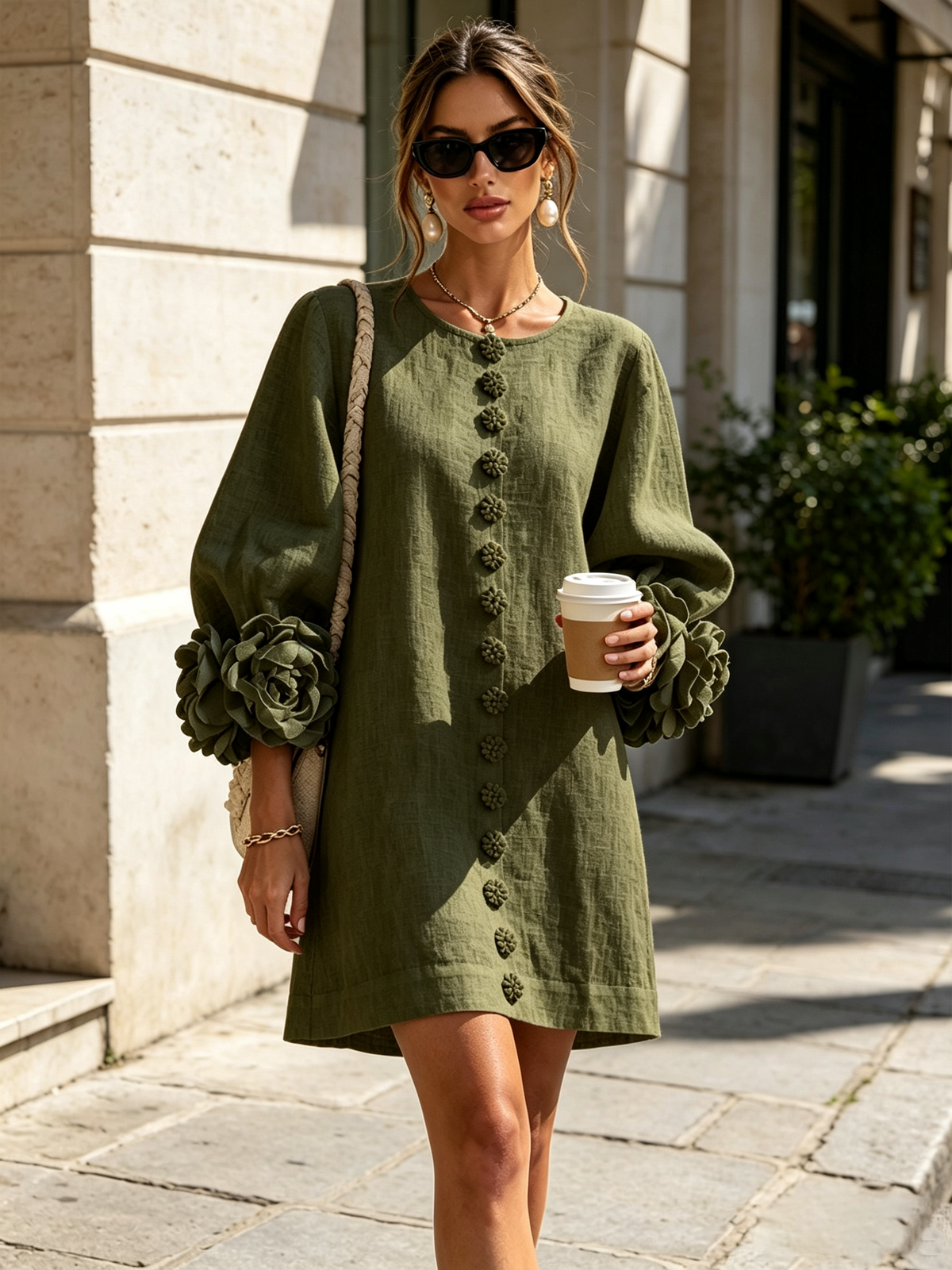 Gaia | Vestido Mini de Mezcla de Lino y algodón con Puños en Rosa, Verde Oliva