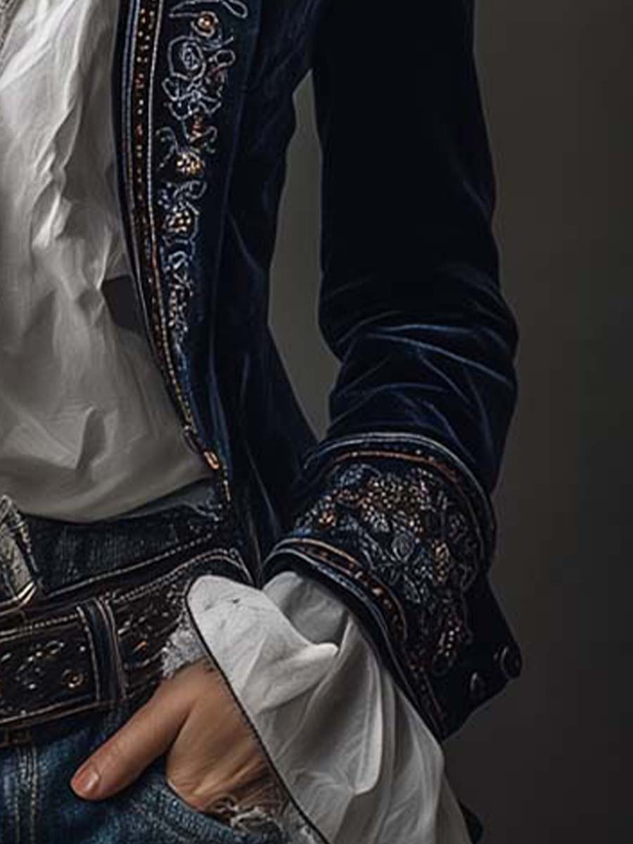 Athénaïs | Chaqueta Vintage Bordada de Larga en Azul Marino