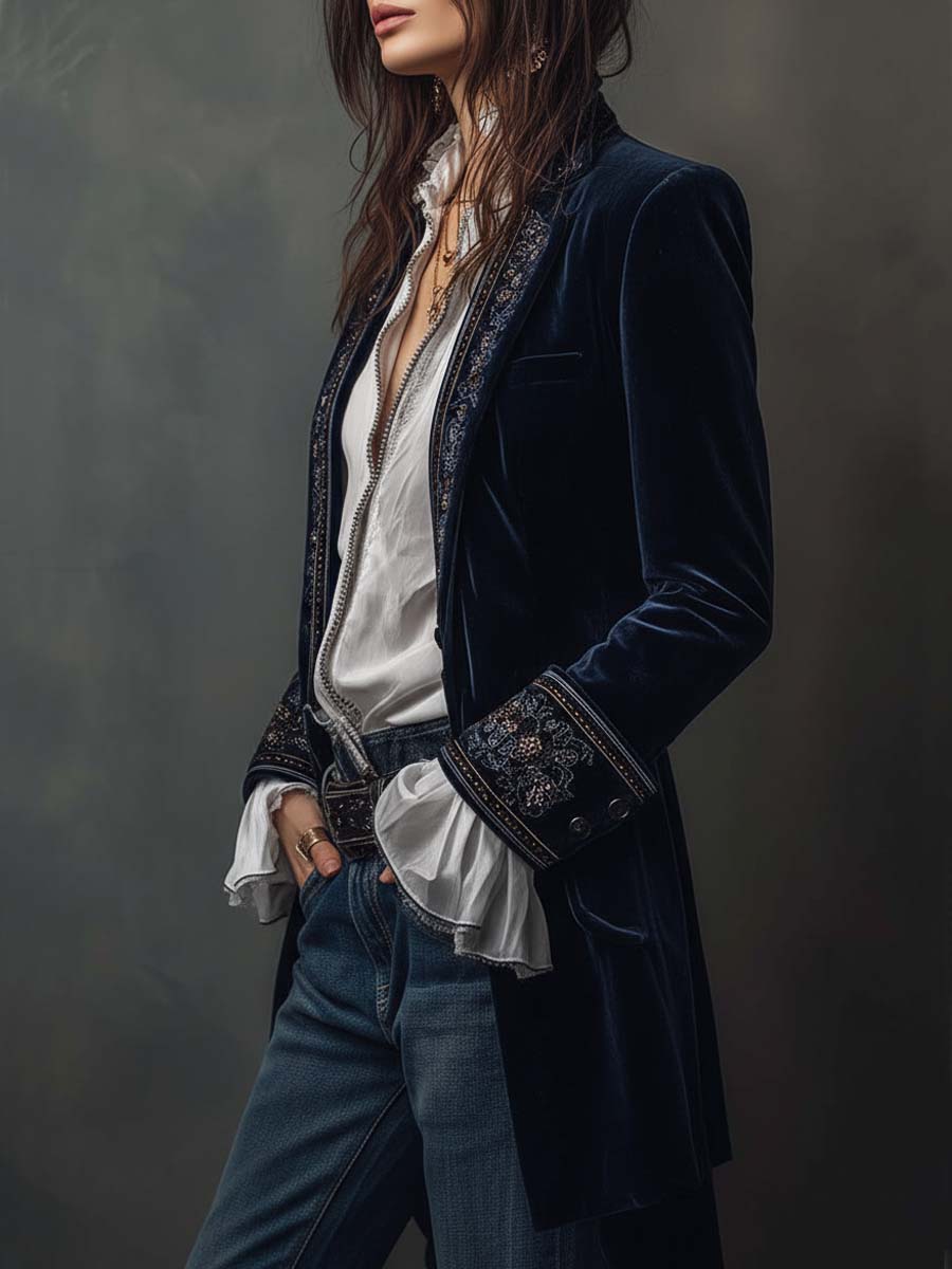 Athénaïs | Chaqueta Vintage Bordada de Larga en Azul Marino