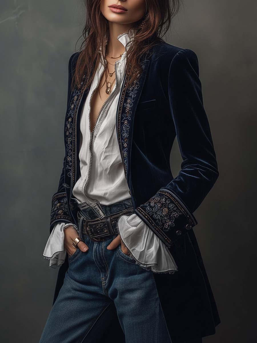 Athénaïs | Chaqueta Vintage Bordada de Larga en Azul Marino