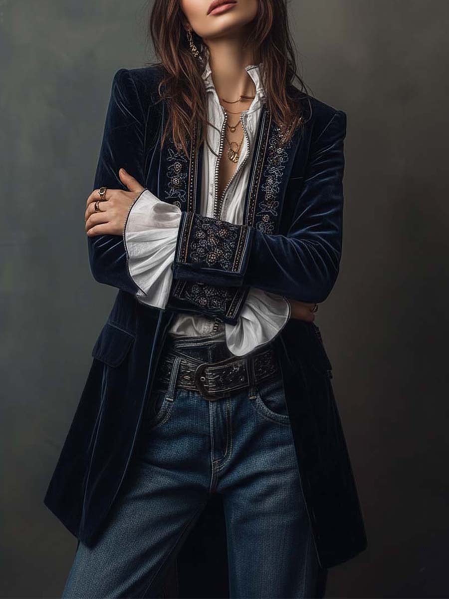 Athénaïs | Chaqueta Vintage Bordada de Larga en Azul Marino