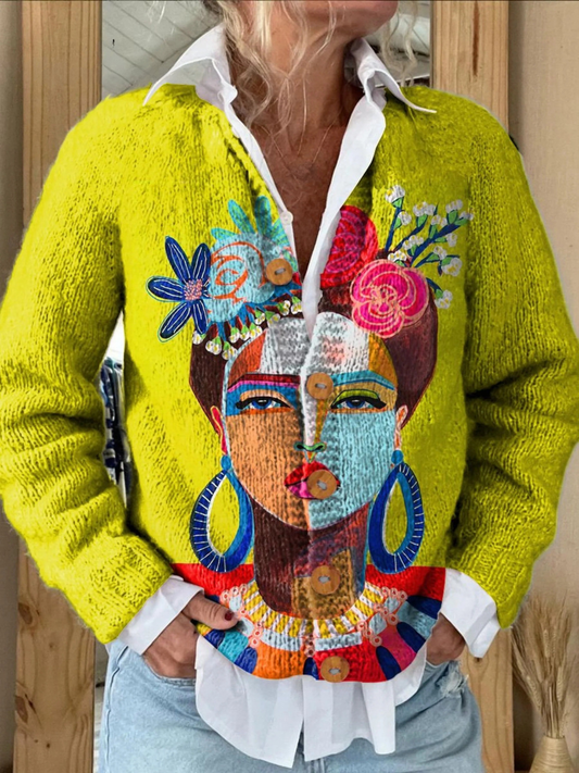Cardigan con Botones y Estampado de Arte de Retrato