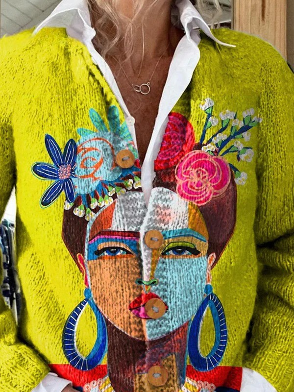 Cardigan con Botones y Estampado de Arte de Retrato