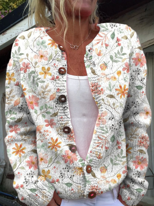 Cardigan Abotonado con Estampado de Flores Frescas