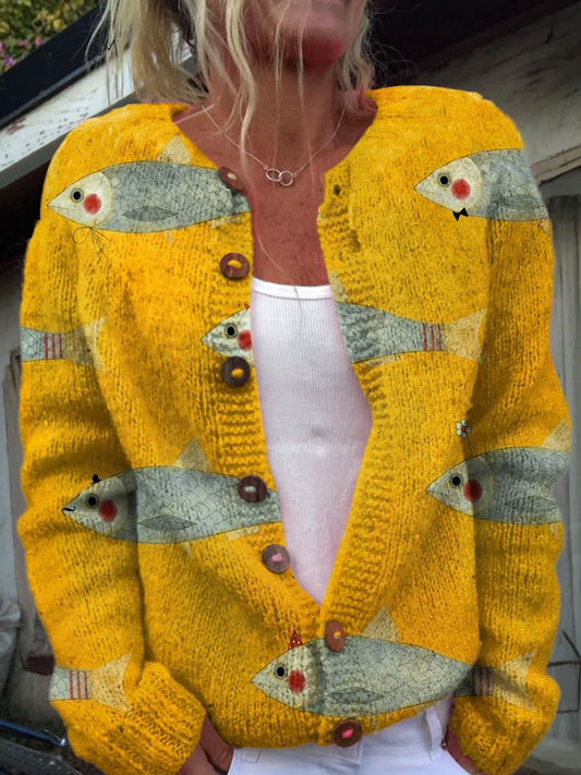 Cardigan Vintage con Botones y Diseño de Sardinas