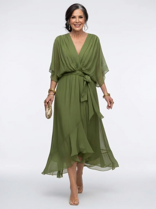 Elysia | Vestido Midi con Cintura Ajustada y Escote en V