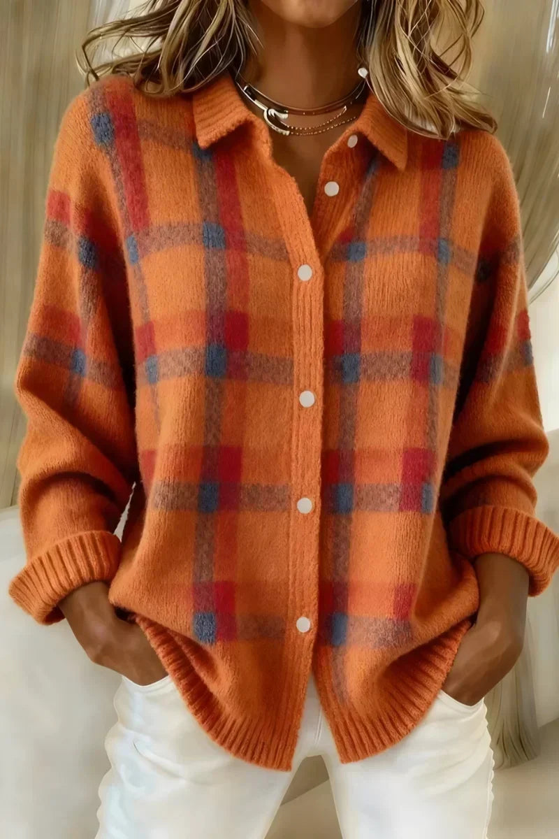 Megan | Cárdigan de Cuadros con Botones Naranjas