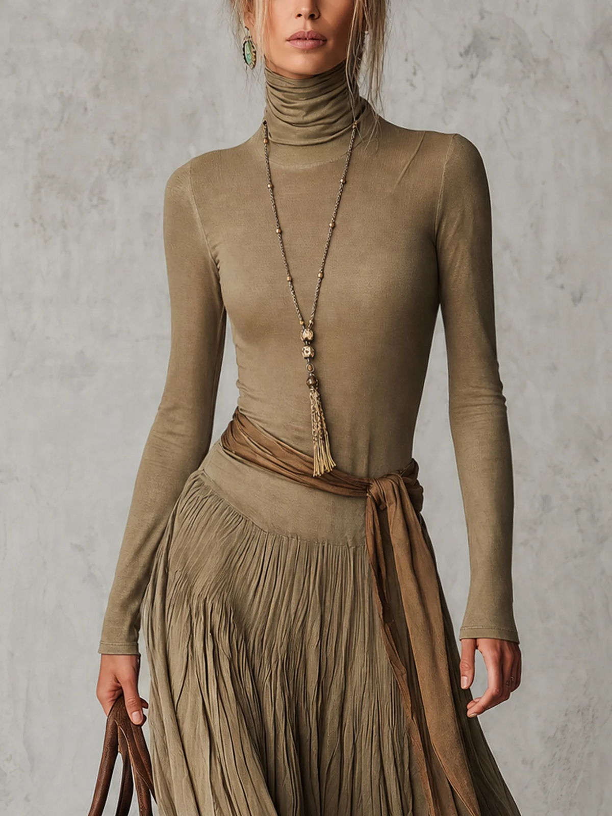 Júlia - Vestido Maxi Plisado de Cuello Alto