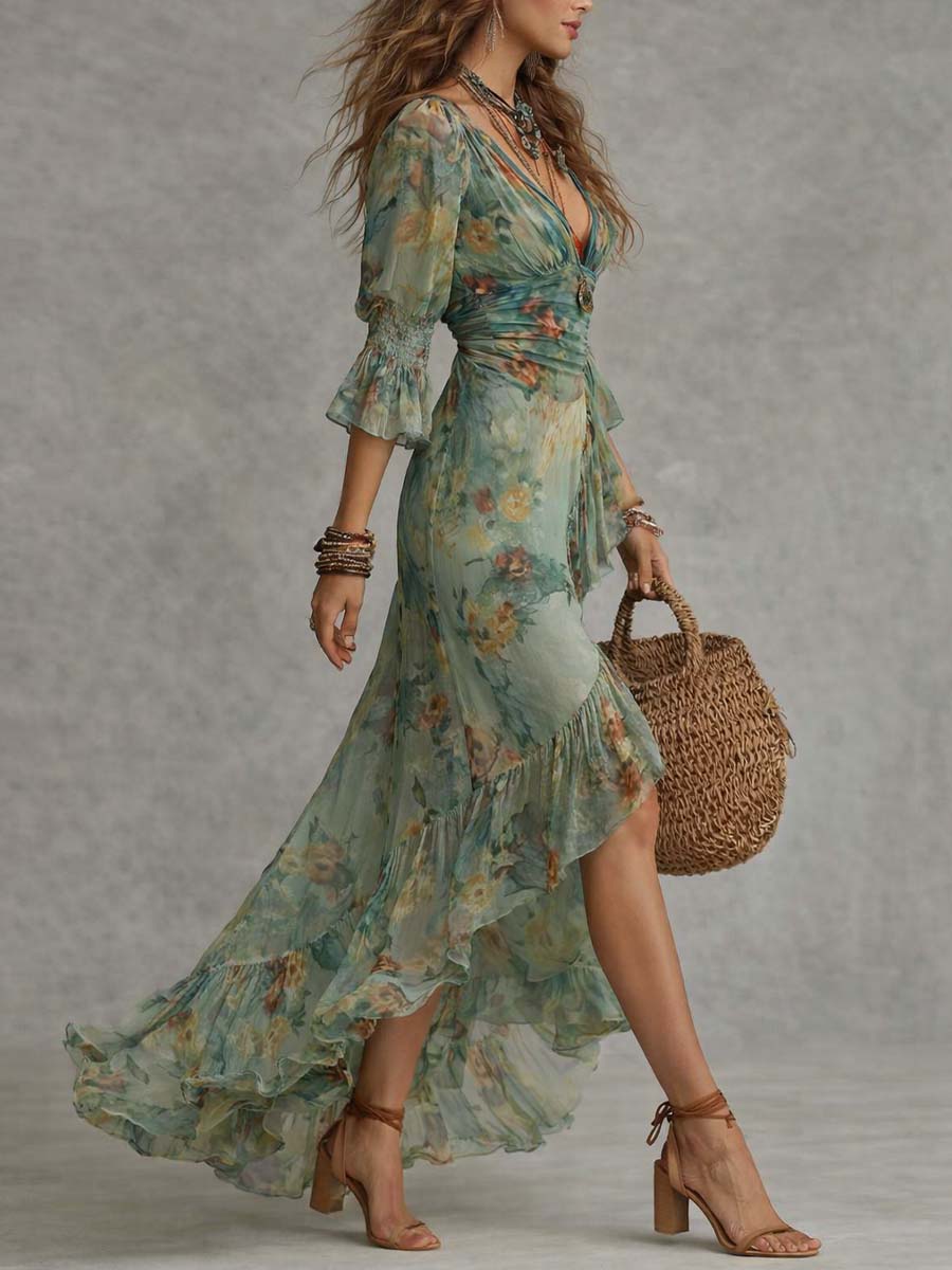 ILARIA | VESTIDO LARGO CON ESTAMPADO FLORAL ROMÁNTICO
