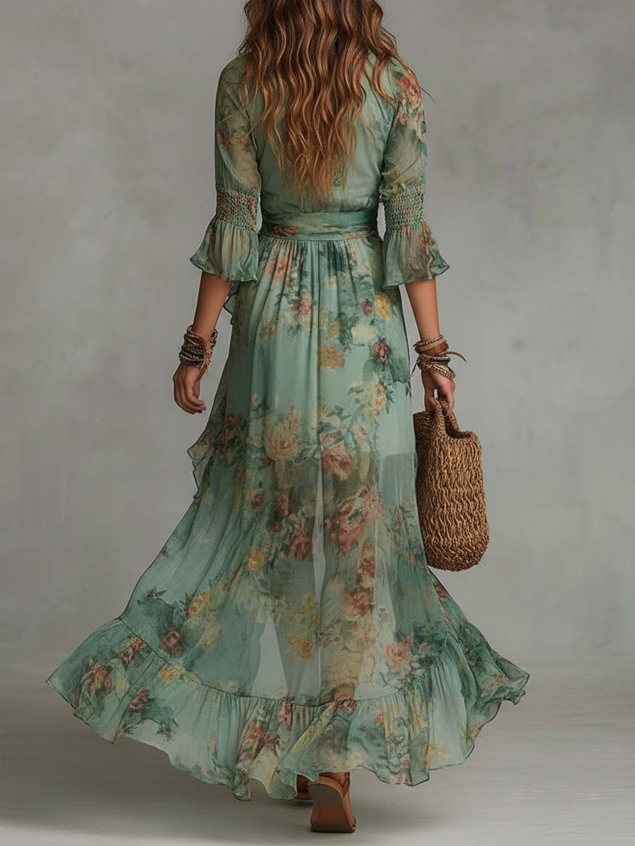ILARIA | VESTIDO LARGO CON ESTAMPADO FLORAL ROMÁNTICO