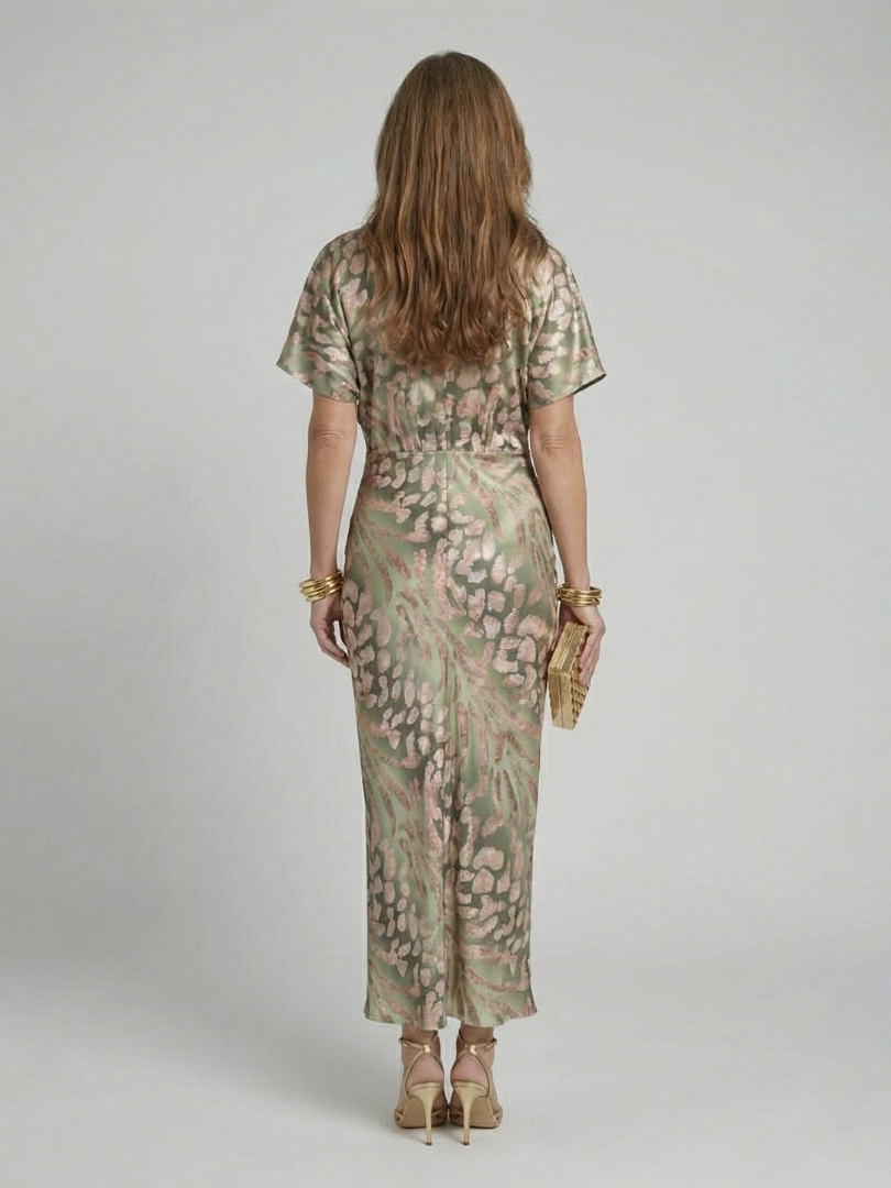 Coralie | Vestido Midi con Cuello en V, Cintura Torcida y Estampado Abstracto