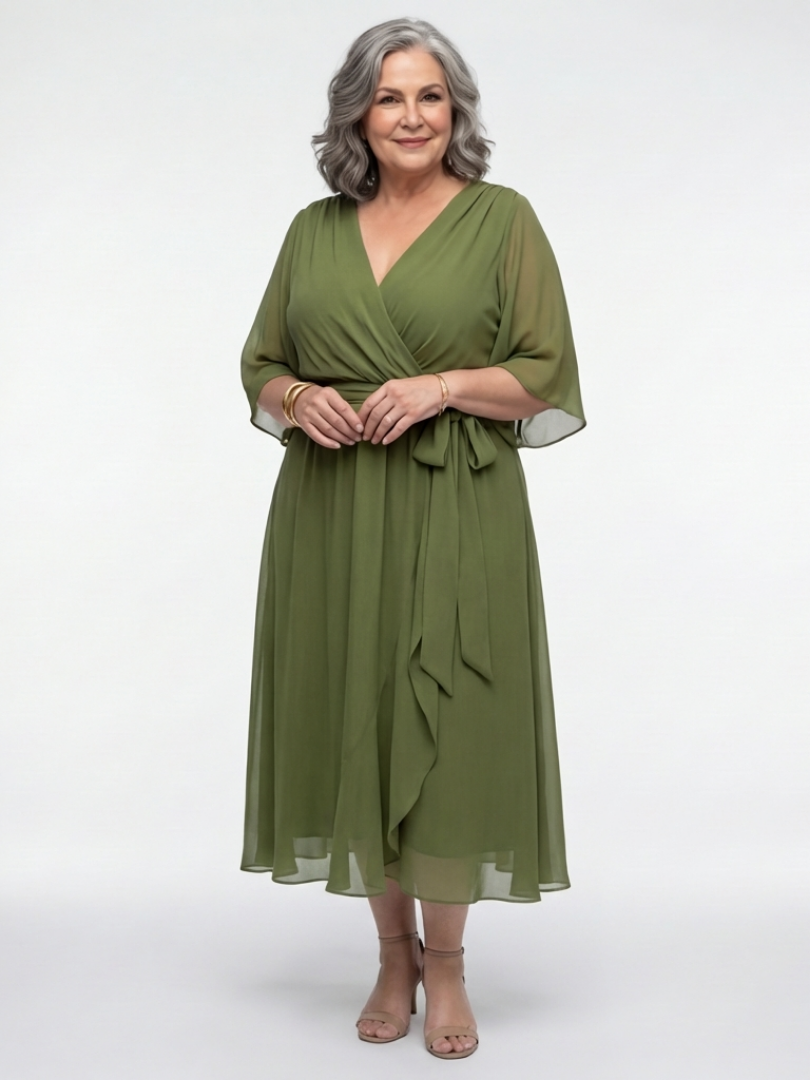 Elysia | Vestido Midi con Cintura Ajustada y Escote en V