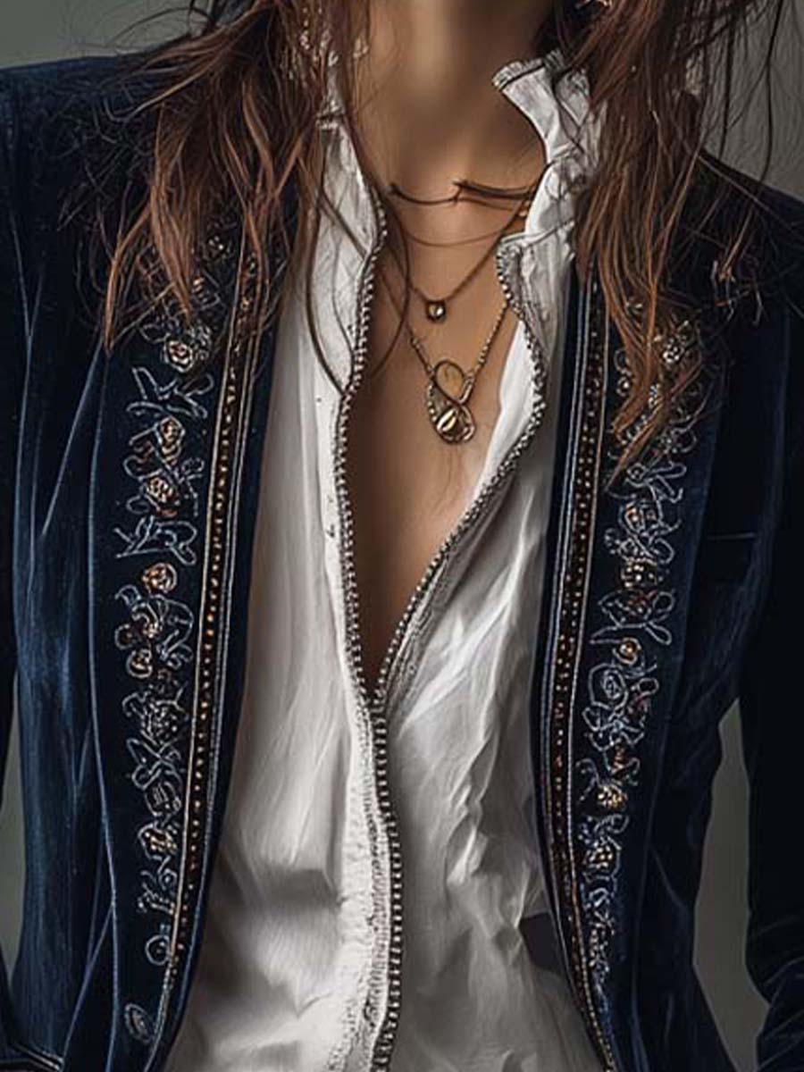 Athénaïs | Chaqueta Vintage Bordada de Larga en Azul Marino