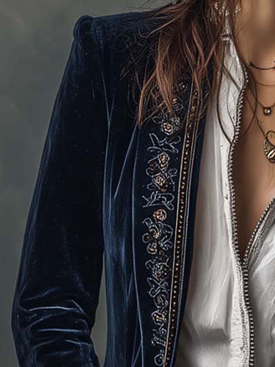 Athénaïs | Chaqueta Vintage Bordada de Larga en Azul Marino