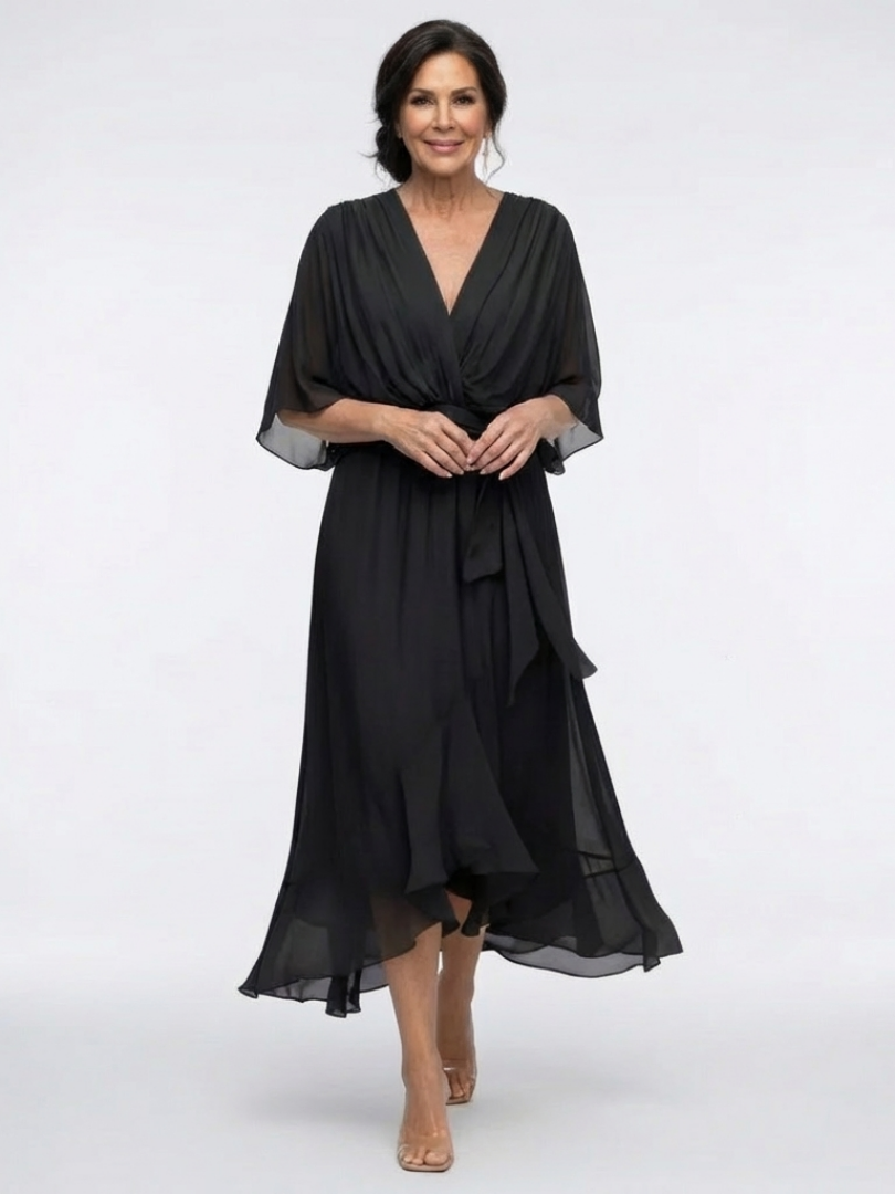 Elysia | Vestido Midi con Cintura Ajustada y Escote en V
