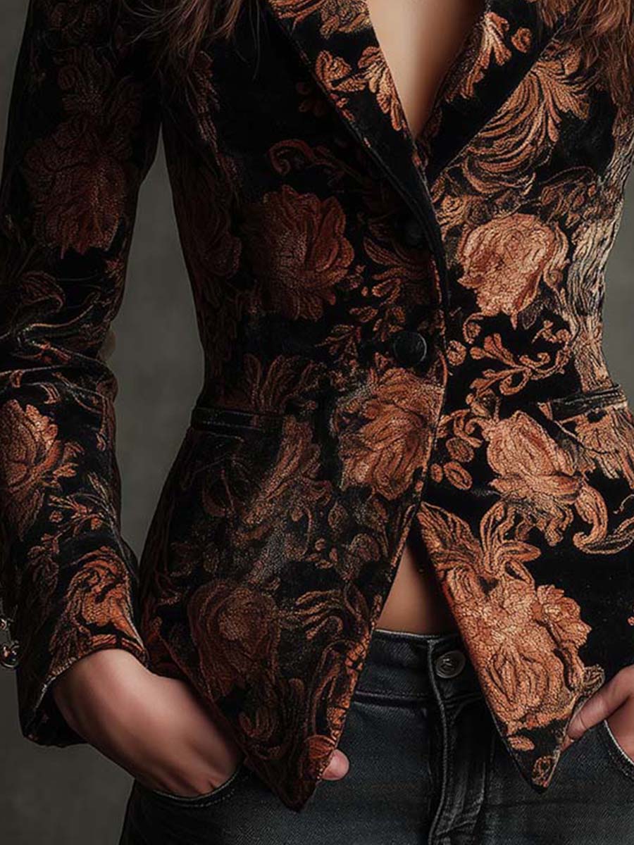 Bertille | Blazer Ajustado con Estampado Floral en Negro y Bronce