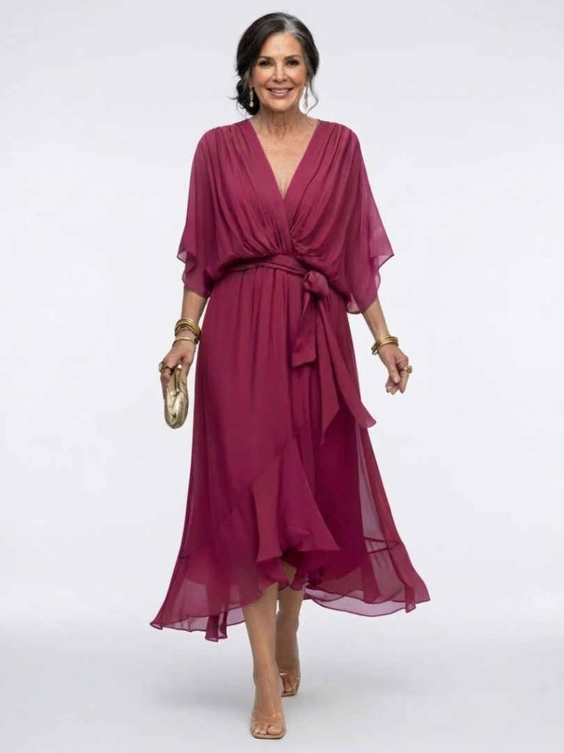 Elysia | Vestido Midi con Cintura Ajustada y Escote en V