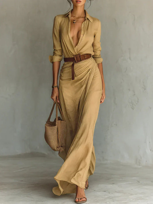 Camille™ | Vestido Maxi con Solapas y Cinturón en la Cintura