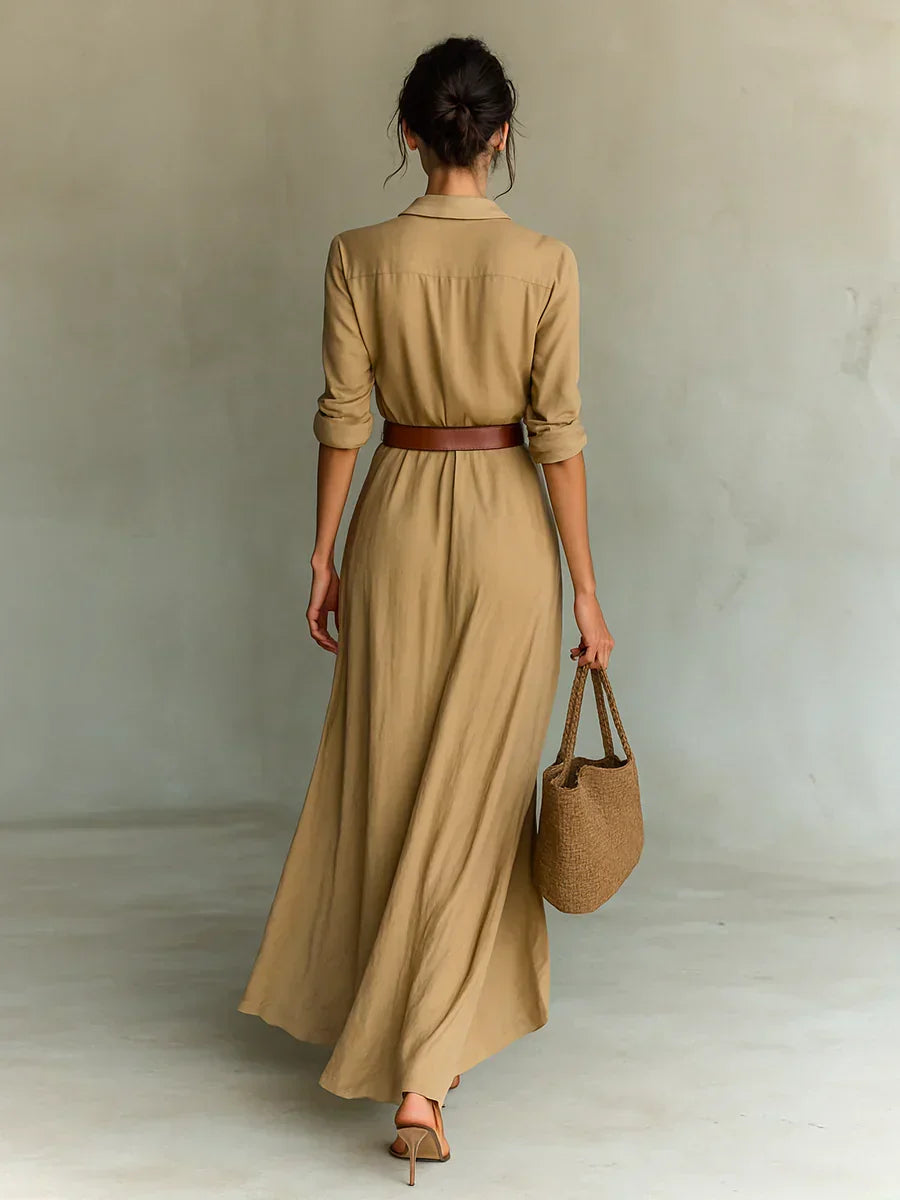 Camille™ | Vestido Maxi con Solapas y Cinturón en la Cintura