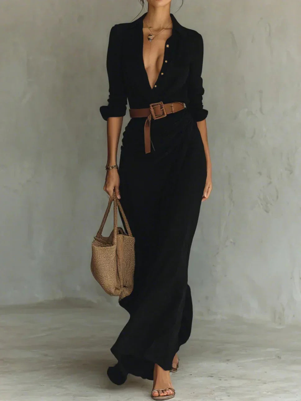 Camille™ | Vestido Maxi con Solapas y Cinturón en la Cintura
