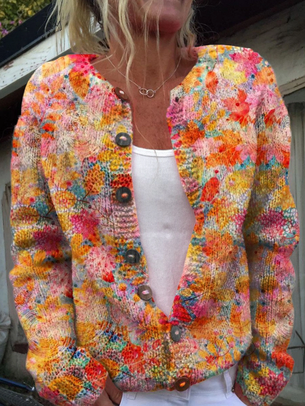 Cárdigan Casual con Botones y Estampado Floral