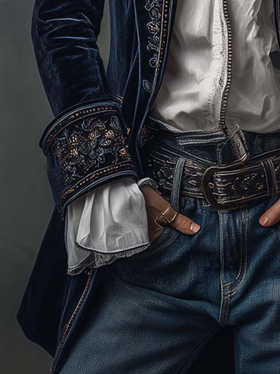 Athénaïs | Chaqueta Vintage Bordada de Larga en Azul Marino