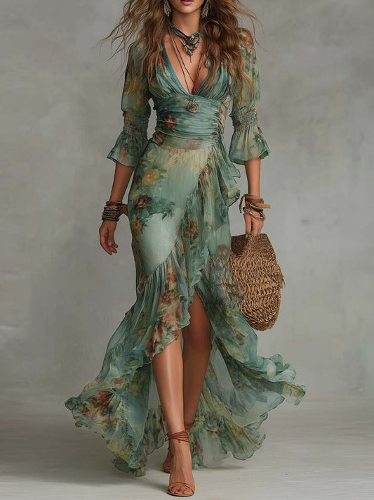 ILARIA | VESTIDO LARGO CON ESTAMPADO FLORAL ROMÁNTICO