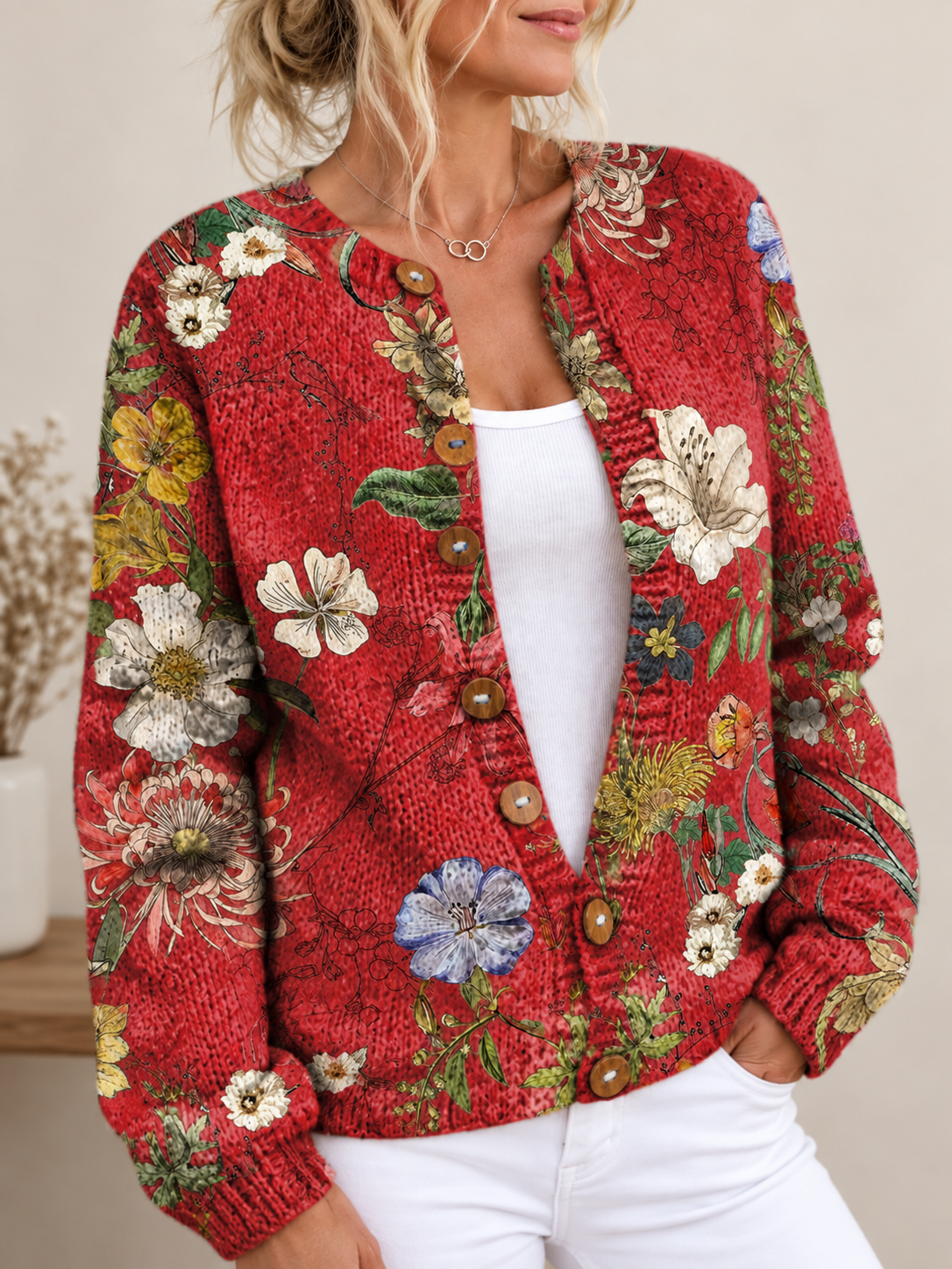Cardigan Vintage con Botones y Diseño Floral