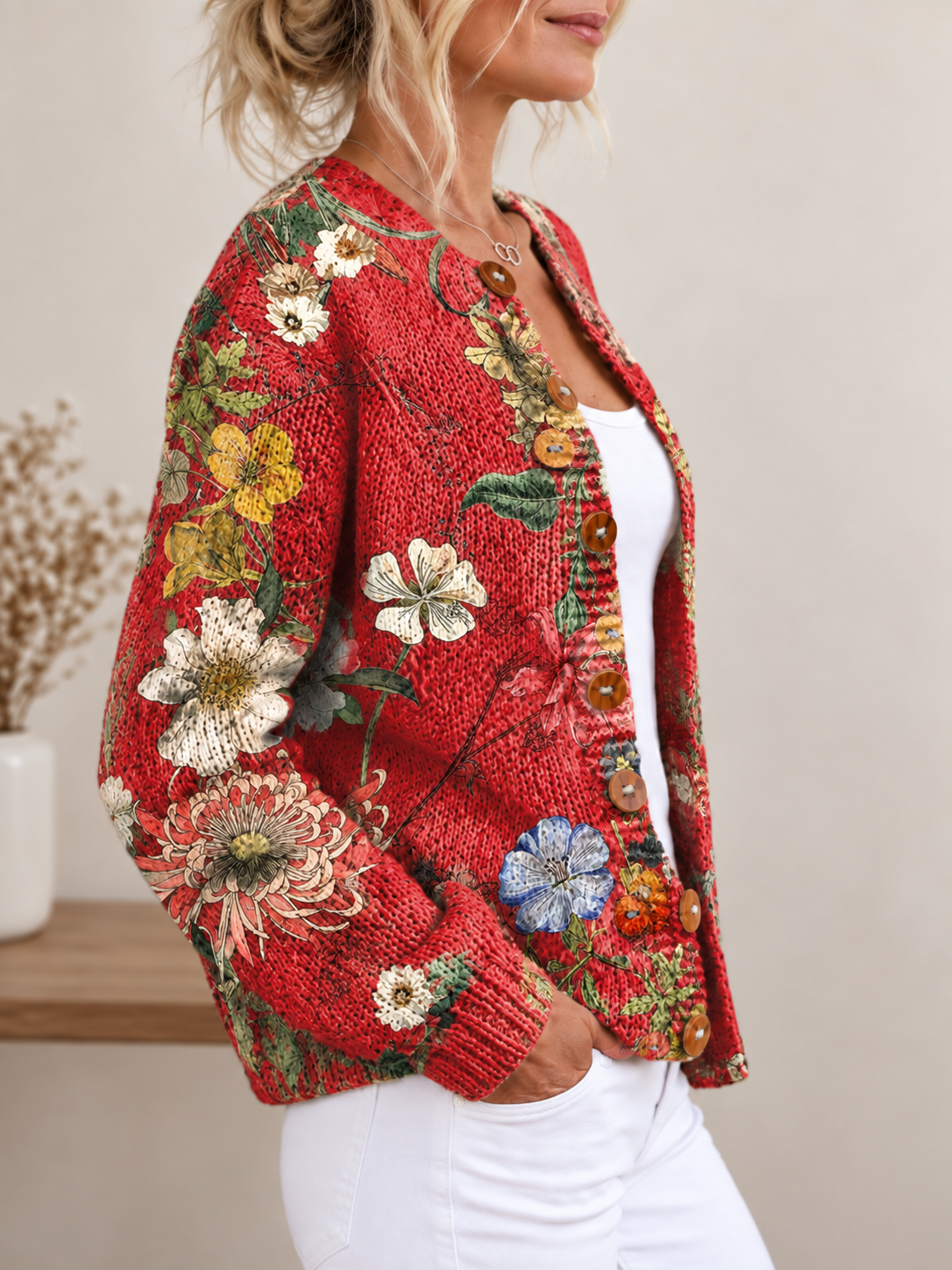 Cardigan Vintage con Botones y Diseño Floral