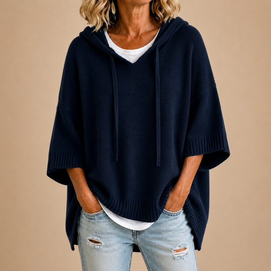 Poncho de Punto con Capucha en Azul Marino