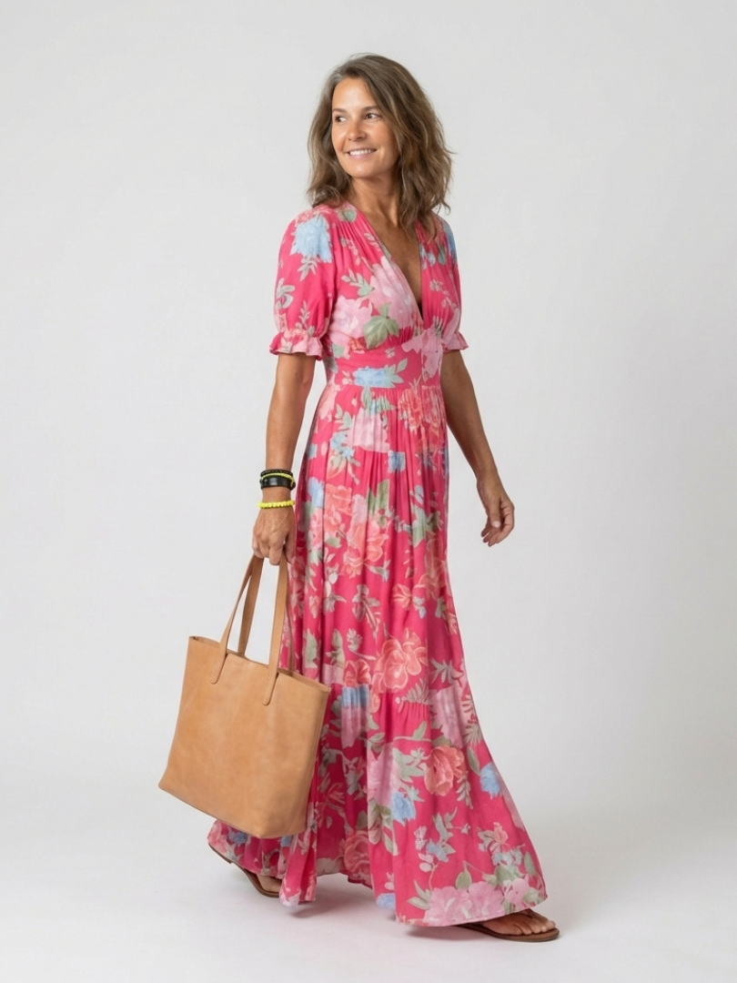Ione | Vestido Midi Floral de Manga Corta con Escote en V" can be rewritten as:

"Ione | Vestido Midi Floral de Manga Corta con Escote en V