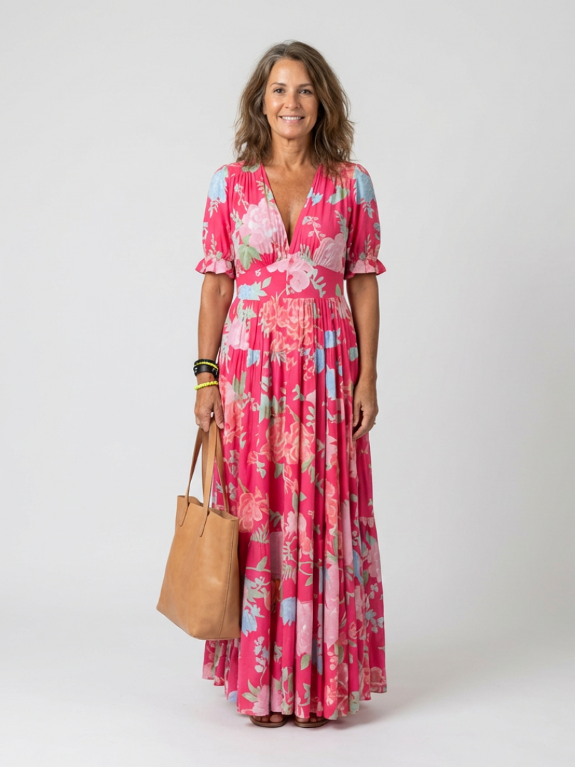 Ione | Vestido Midi Floral de Manga Corta con Escote en V" can be rewritten as:

"Ione | Vestido Midi Floral de Manga Corta con Escote en V