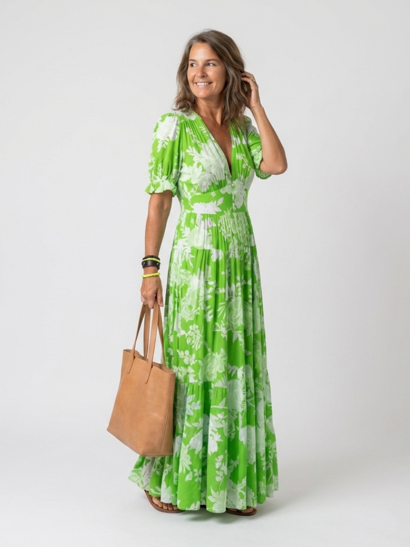 Ione | Vestido Midi Floral de Manga Corta con Escote en V" can be rewritten as:

"Ione | Vestido Midi Floral de Manga Corta con Escote en V