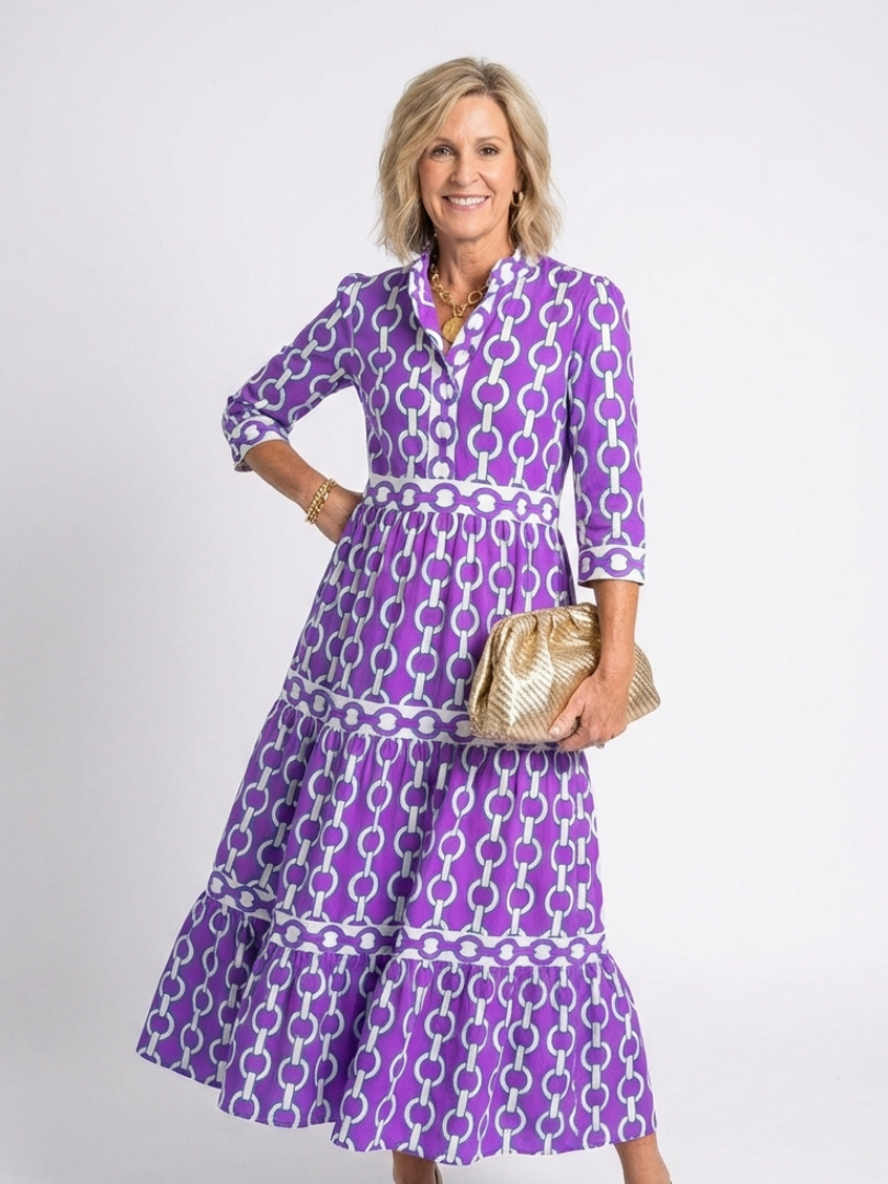 Ysolde | Vestido midi con estampado de cadenas y mangas tres cuartos