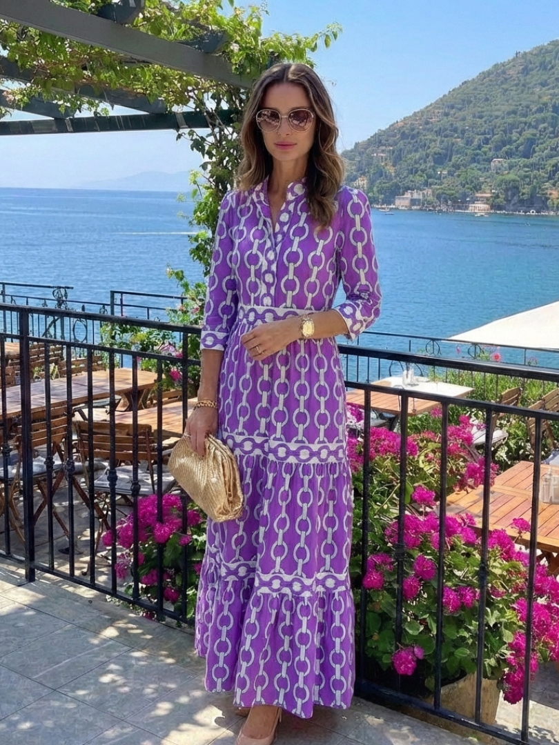 Ysolde | Vestido midi con estampado de cadenas y mangas tres cuartos