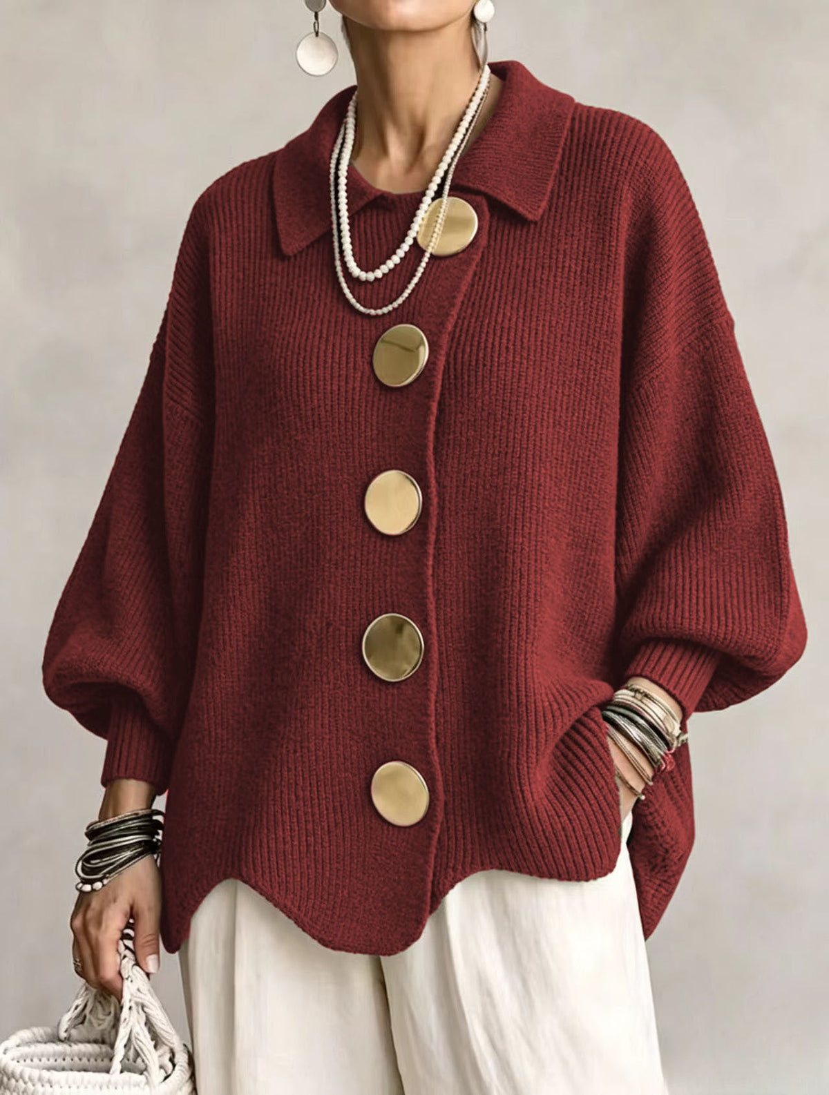 Isadora | Cárdigan Oversize con Cuello y Grandes Botones Metálicos