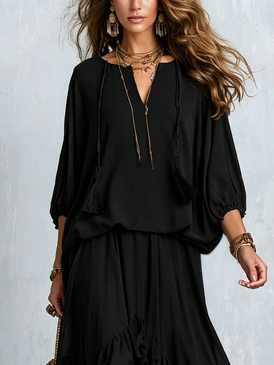 Elvira | Conjunto Negro con Flecos y Volantes