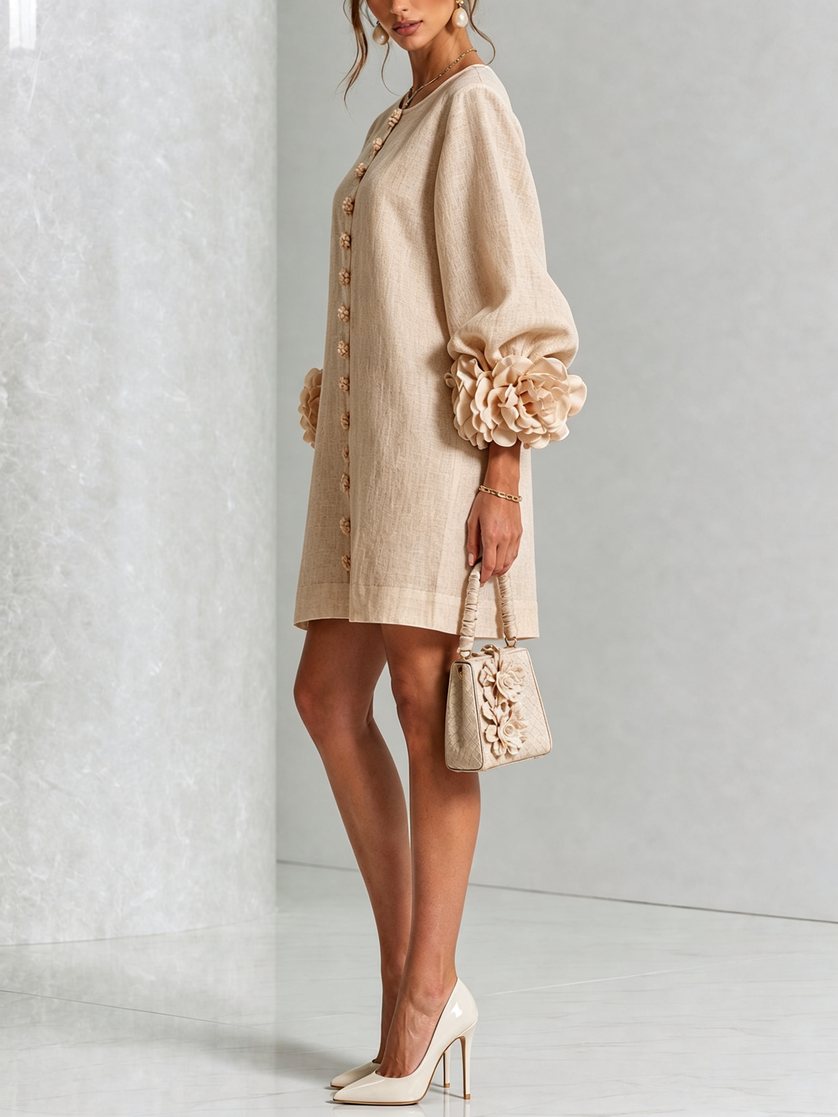 Ambra | Vestido Corto de Mezcla de Lino y algodón con Puños en Rosa, Beige