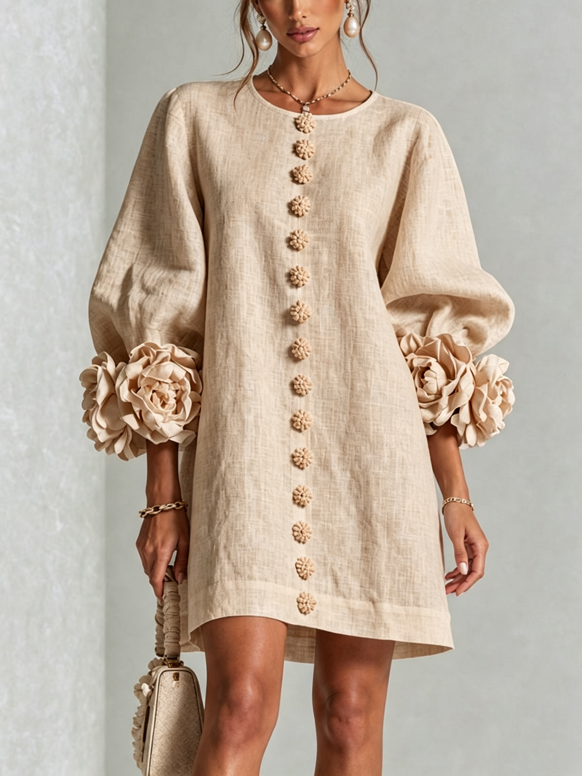 Ambra | Vestido Corto de Mezcla de Lino y algodón con Puños en Rosa, Beige