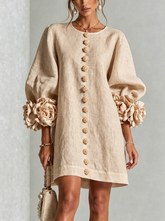 Ambra | Vestido Corto de Mezcla de Lino y algodón con Puños en Rosa, Beige