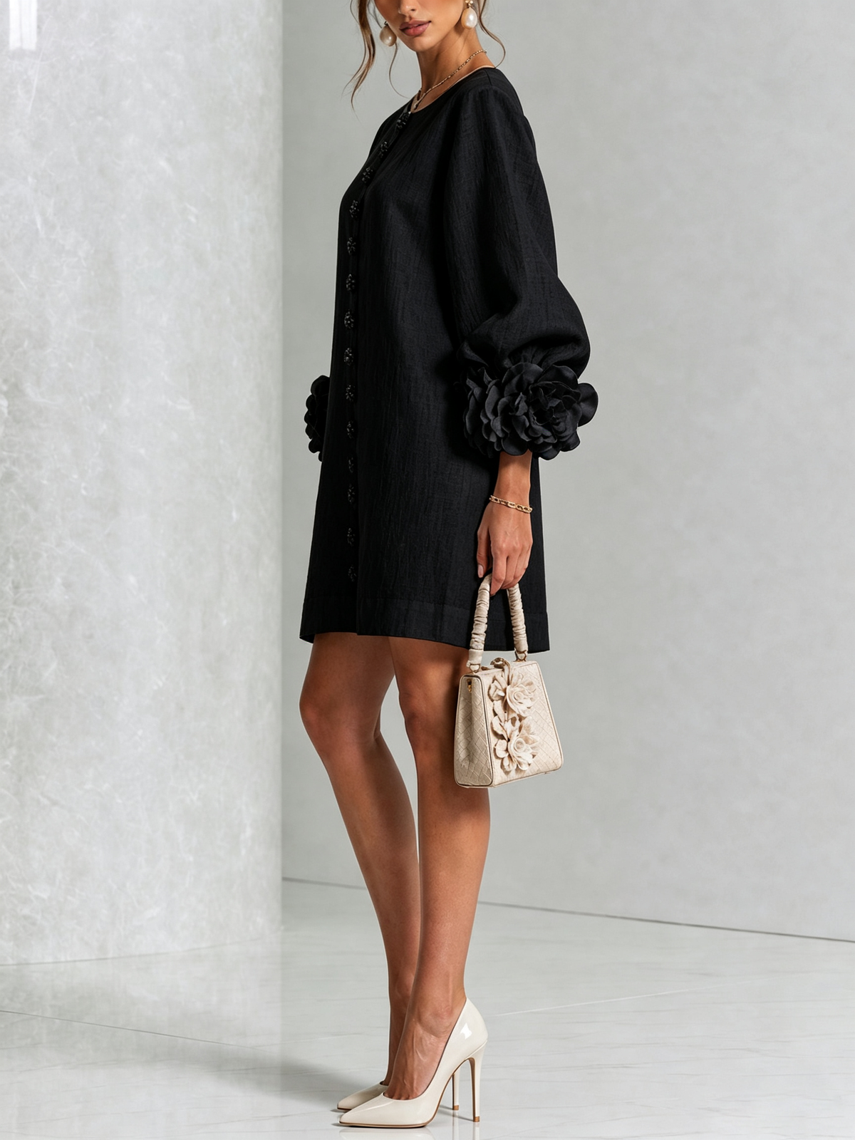 Cecilia | Mini Vestido de Mezcla de Lino y algodón con Puños en Rosa, Negro