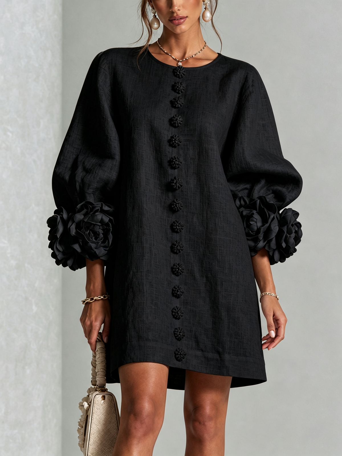 Cecilia | Mini Vestido de Mezcla de Lino y algodón con Puños en Rosa, Negro