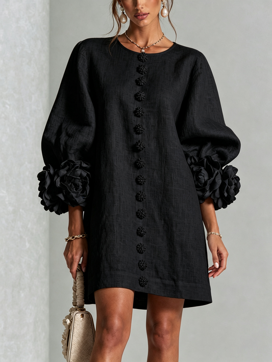 Cecilia | Mini Vestido de Mezcla de Lino y algodón con Puños en Rosa, Negro
