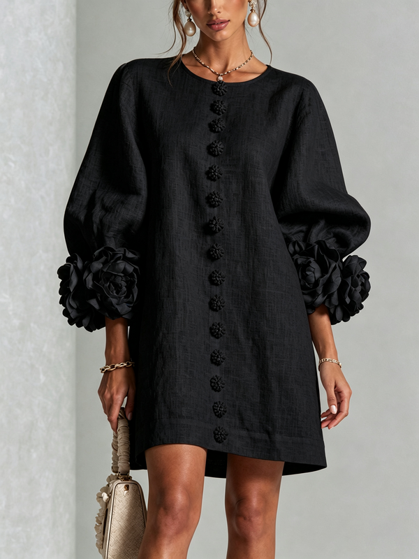 Cecilia | Mini Vestido de Mezcla de Lino y algodón con Puños en Rosa, Negro