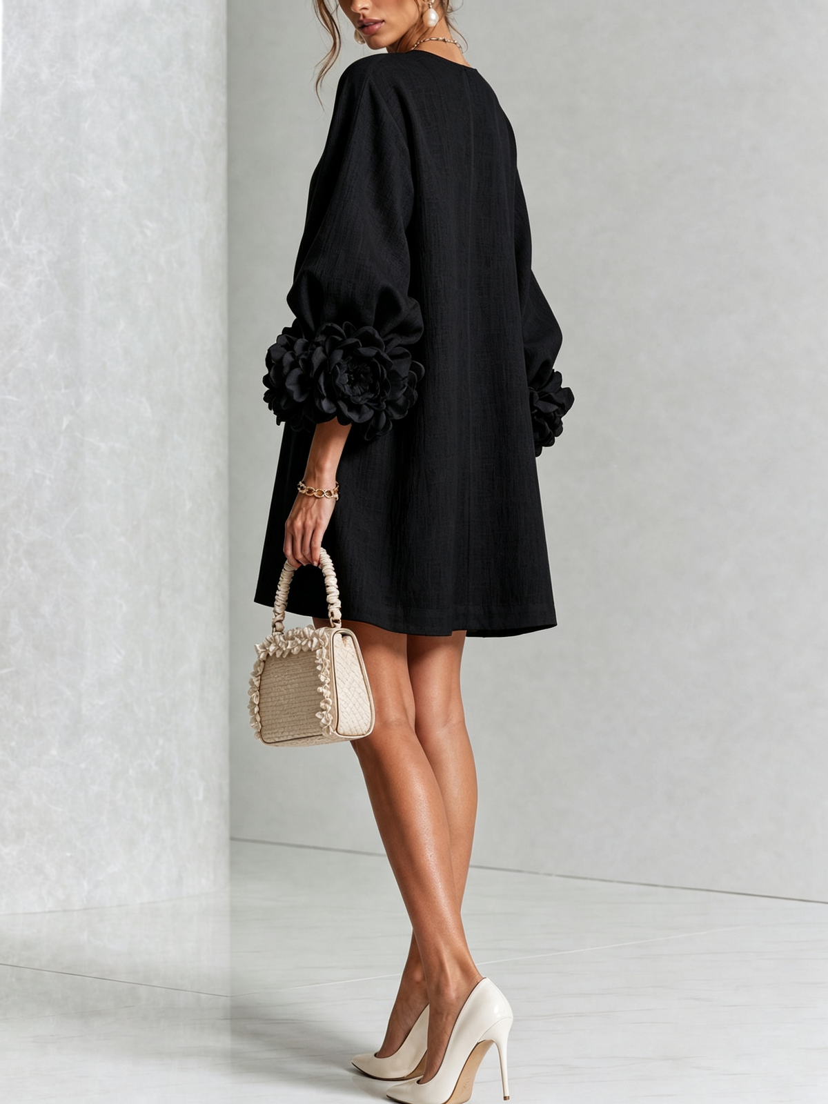 Cecilia | Mini Vestido de Mezcla de Lino y algodón con Puños en Rosa, Negro