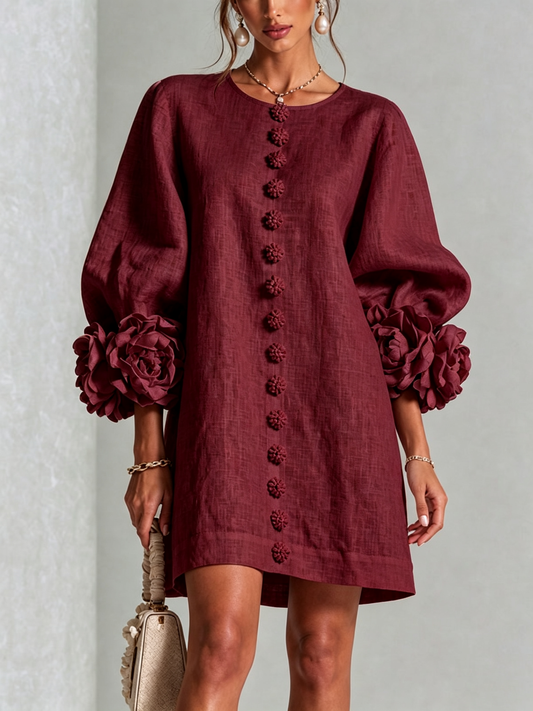 Ilaria | Mini Vestido de Mezcla de Lino y algodón con Puños en Rosa, Burdeos