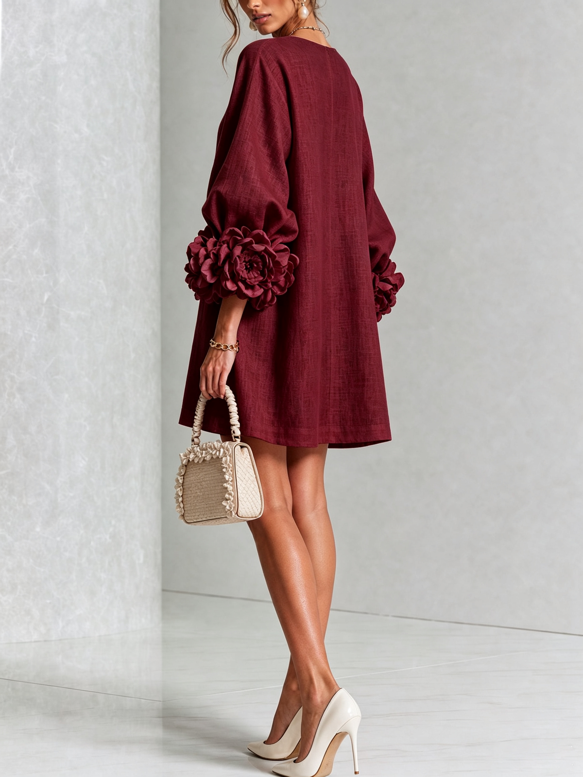 Ilaria | Mini Vestido de Mezcla de Lino y algodón con Puños en Rosa, Burdeos