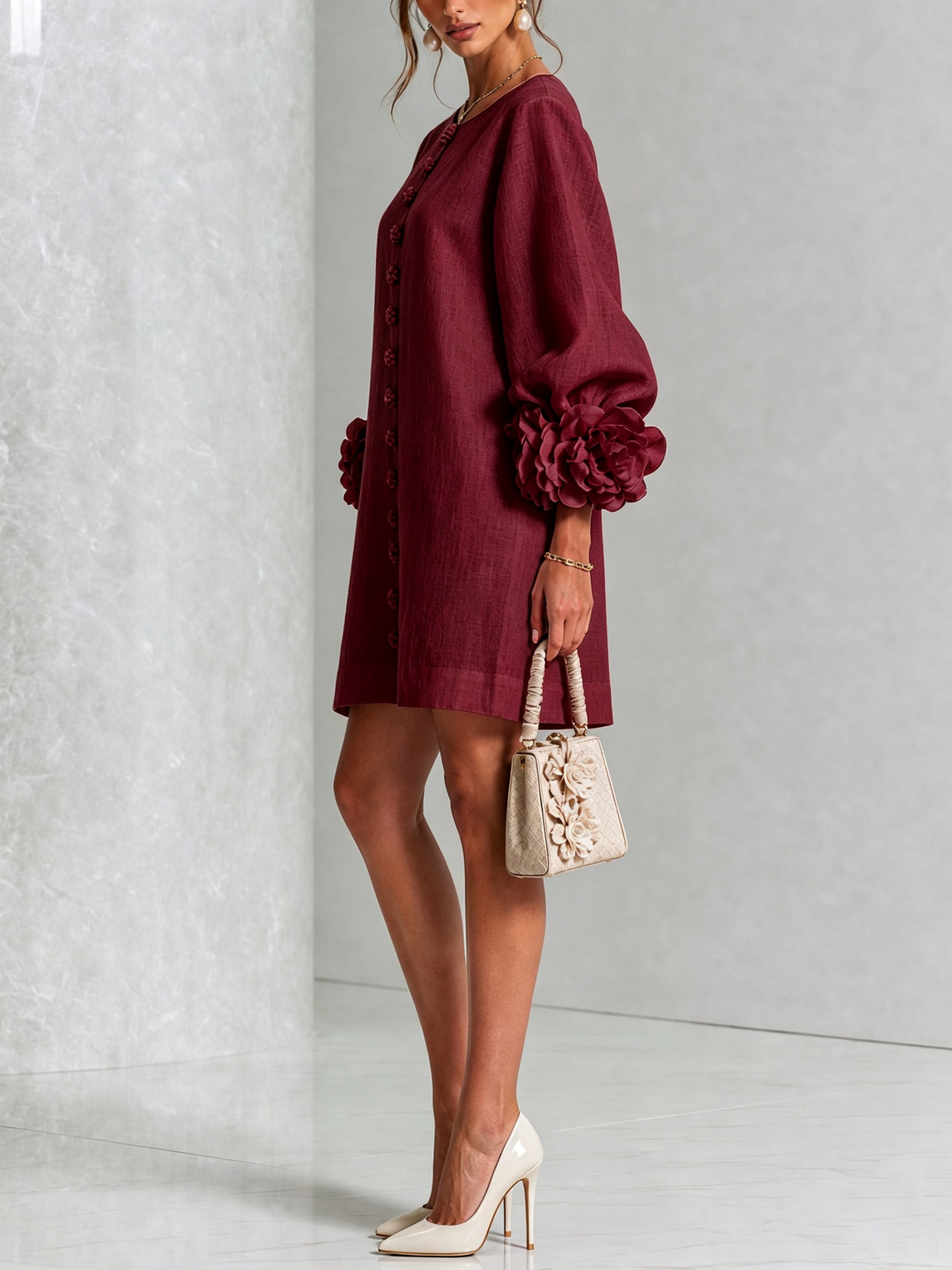 Ilaria | Mini Vestido de Mezcla de Lino y algodón con Puños en Rosa, Burdeos
