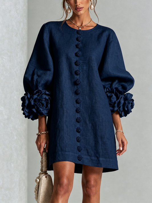 Marina | Mini Vestido de Mezcla de Lino y algodón con Puños en Rosa, Azul Marino